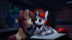 Size: 3840x2160 | Tagged: safe, artist:brisineo, imported from derpibooru, oc, oc:blackjack, oc:wireless fuzz, cyborg, pony, unicorn, fallout equestria, fallout equestria: project horizons, amputee, arm wrestling, computer, female, looking at each other, mare, ministry of wartime technology, prosthetic limb, prosthetics, smiling, terminal