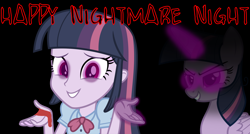 Size: 2280x1220 | Tagged: safe, artist:cartoonmaster, imported from derpibooru, mean twilight sparkle, twilight sparkle, alicorn, equestria girls, the mean 6, black background, blood, clone, equestria girls-ified, female, glowing eyes, glowing horn, mean six, nightmare night, simple background, solo