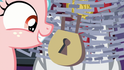 Size: 1280x720 | Tagged: safe, imported from derpibooru, screencap, chancellor neighsay, cozy glow, pony, school raze, chains, female, filly, padlock, solo focus