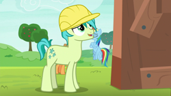 Size: 1280x720 | Tagged: safe, imported from derpibooru, screencap, applejack, rainbow dash, sandbar, earth pony, pegasus, pony, non-compete clause, clothes, cutie mark, female, hard hat, hat, helmet, male, mare, teenager