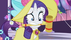 Size: 1280x720 | Tagged: safe, imported from derpibooru, screencap, rarity, pony, unicorn, sweet and elite, amulet, balloon, clothes, croquet mallet, dress, fancy, female, flower, flower in hair, flower in tail, hat, jewelry, mare, mouth hold, raised eyebrow, shocked, solo, sun hat