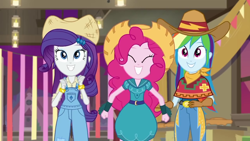 Size: 1280x720 | Tagged: safe, imported from derpibooru, screencap, pinkie pie, rainbow dash, rarity, equestria girls, equestria girls series, five to nine, cowgirl, cowgirl outfit, farmer pinkie, female, rarihick