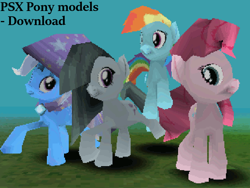 Size: 800x600 | Tagged: safe, artist:fillerartist, imported from derpibooru, marble pie, pinkie pie, rainbow dash, trixie, earth pony, pegasus, pony, unicorn, 3d, blender, cape, clothes, download at source, downloadable, female, hat, looking at you, low poly, mare, model, psx, smiling, trixie's cape, trixie's hat