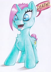 Size: 3216x4496 | Tagged: safe, artist:stallionslaughter, imported from derpibooru, oc, oc only, oc:peppermint flitter, pony, colored pencil drawing, solo, suggestive description, traditional art