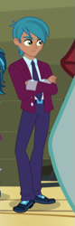 Size: 201x608 | Tagged: safe, imported from derpibooru, screencap, carlos thunderbolt, curly winds, indigo zap, some blue guy, human, equestria girls, friendship games, background human, clothes, cropped, crossed arms, crystal prep academy uniform, male, offscreen character, right there in front of me, school uniform, solo