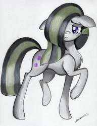 Size: 2434x3172 | Tagged: safe, artist:luxiwind, imported from derpibooru, marble pie, earth pony, pony, chest fluff, female, floppy ears, hair over one eye, mare, raised hoof, solo, traditional art