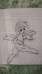 Size: 2368x4208 | Tagged: safe, artist:twinblade edge, imported from derpibooru, rainbow dash, pony, female, looking at you, monochrome, on back, open mouth, solo, spread legs, spread wings, spreading, traditional art, wings