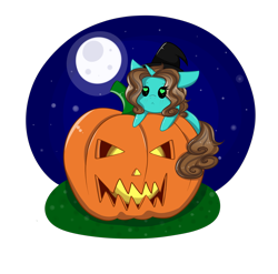 Size: 4049x4000 | Tagged: safe, artist:mimihappy99, imported from derpibooru, oc, oc only, oc:shimmer seadrift, pony, unicorn, chibi, commission, female, full moon, halloween, hat, heart eyes, holiday, jack-o-lantern, mare, moon, night, pumpkin, simple background, solo, transparent background, wingding eyes, witch hat, ych result