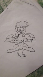 Size: 2368x4208 | Tagged: safe, artist:twinblade edge, imported from derpibooru, rainbow dash, pony, female, frightened, gritted teeth, looking at you, monochrome, on back, solo, spread legs, spread wings, spreading, traditional art, wings