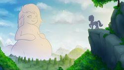 Size: 2880x1620 | Tagged: safe, artist:foxyghost, imported from derpibooru, pony, belly, belly button, cloud, commission, fat, female, fetish, forest, giant pony, macro, male, mountain, rock, small pony, tree, your character here