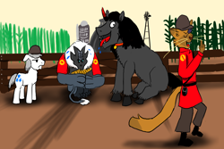 Size: 1500x1000 | Tagged: safe, artist:horsesplease, imported from derpibooru, capper dapperpaws, double diamond, king sombra, abyssinian, anthro, storm creature, my little pony: the movie, behaving like a dog, clothes, coat, cowering, farm, heavy weapons guy, helmet, male, meet the soldier, paint tool sai, panting, scared, soldier, sombra dog, storm guard, team fortress, team fortress 2, unamused, year of the dog