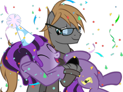 Size: 1152x858 | Tagged: safe, artist:theeditormlp, imported from derpibooru, oc, oc only, oc:prophetic prose, oc:the editor, earth pony, pony, female, glasses, hat, male, mare, party hat, simple background, stallion, transparent background