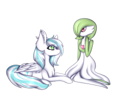 Size: 5474x4000 | Tagged: safe, artist:mimihappy99, imported from derpibooru, oc, oc:meridia, gardevoir, pegasus, pony, commission, duo, female, heart eyes, mare, pokémon, simple background, transparent background, wingding eyes