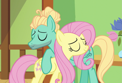 Size: 1059x720 | Tagged: safe, imported from derpibooru, screencap, fluttershy, zephyr breeze, pegasus, pony, flutter brutter, brother and sister, cropped, cutie mark, duo, eyes closed, female, hug, male, mare, smiling, stallion