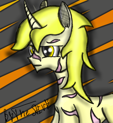 Size: 1100x1200 | Tagged: safe, artist:thestive19, imported from derpibooru, oc, oc only, oc:goldenblood, pony, unicorn, fallout equestria, fallout equestria: project horizons, abstract background, bust, fanfic art, horn, male, portrait, scar, solo, stallion