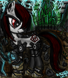 Size: 838x954 | Tagged: safe, artist:thestive19, imported from derpibooru, oc, oc only, oc:blackjack, cyborg, pony, unicorn, fallout equestria, fallout equestria: project horizons, cutie mark, cyber legs, dead tree, fanfic, fanfic art, female, hooves, mare, raised hoof, solo, tree