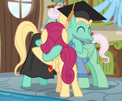 Size: 620x514 | Tagged: safe, imported from derpibooru, screencap, gentle breeze, posey shy, zephyr breeze, pegasus, pony, flutter brutter, cropped, eyes closed, female, graduation cap, hat, hug, male, smiling, stallion