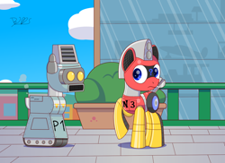 Size: 2000x1454 | Tagged: safe, artist:trackheadtherobopony, imported from derpibooru, oc, oc:pioneer, oc:trackhead, pony, robot, robot pony, building, signature