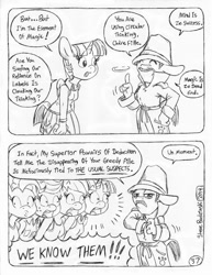 Size: 849x1100 | Tagged: safe, artist:circe, imported from derpibooru, applejack, pinkie pie, rainbow dash, twilight sparkle, alicorn, anthro, unguligrade anthro, comic:soreloser, black and white, grayscale, inspector jacques clouseau, monochrome, the usual suspects, traditional art, twilight sparkle (alicorn)