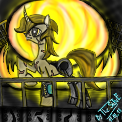 Size: 1500x1500 | Tagged: safe, artist:thestive19, imported from derpibooru, oc, oc only, oc:goldenblood, cyborg, pony, unicorn, fallout equestria, fallout equestria: project horizons, abstract background, cyber legs, fanfic art, grin, hooves, horn, male, pipbuck, raised hoof, scar, signature, smiling, solo, stallion