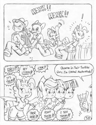 Size: 849x1100 | Tagged: safe, artist:circe, imported from derpibooru, applejack, louise the singing harp, pinkie pie, rainbow dash, twilight sparkle, alicorn, anthro, unguligrade anthro, comic:soreloser, black and white, chico marx, grayscale, groucho marx, harpo marx, inspector jacques clouseau, lineart, marx brothers, monochrome, the usual suspects, traditional art, twilight sparkle (alicorn)