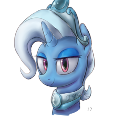 Size: 3000x3000 | Tagged: safe, artist:2387528112, imported from derpibooru, trixie, pony, unicorn, bust, crown, eyeshadow, female, high res, horn, jewelry, looking at you, makeup, mare, peytral, regalia, simple background, smiling, solo, white background