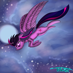 Size: 3000x3000 | Tagged: safe, artist:thestive19, imported from derpibooru, twilight sparkle, alicorn, pony, cloud, cutie mark, female, flying, full body, full moon, hooves, horn, mare, moon, night, solo, spread wings, stars, twilight sparkle (alicorn), wings