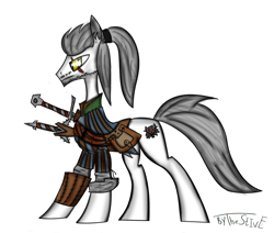 Size: 1024x870 | Tagged: safe, artist:thestive19, imported from derpibooru, earth pony, pony, clothes, cutie mark, geralt of rivia, hooves, male, ponified, ponytail, scar, signature, simple background, solo, stallion, sword, the witcher, weapon, white background