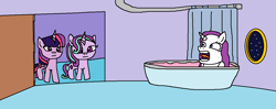 Size: 1261x499 | Tagged: safe, artist:logan jones, imported from derpibooru, rarity, starlight glimmer, twilight sparkle, alicorn, unicorn, bath, bathroom, bathtub, blank stare, door, have you seen this snail?, interrupted, night, screaming, shower curtain, spongebob squarepants, twilight sparkle (alicorn), we don't normally wear clothes, wet mane, where's gary, window, x drops by squidward's house