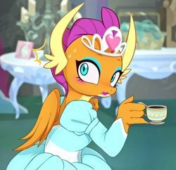 Size: 2817x2729 | Tagged: safe, artist:maren, imported from derpibooru, smolder, dragon, what lies beneath, blushing, clothes, cup, cute, dragoness, dress, female, food, jewelry, princess outfit, princess smolder, smolderbetes, solo, tea, teacup, tiara