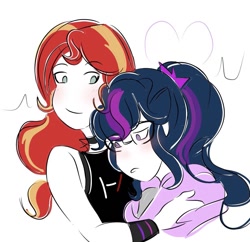 Size: 1021x990 | Tagged: safe, artist:horsegirlpodcast, imported from derpibooru, sci-twi, sunset shimmer, twilight sparkle, equestria girls, cuddling, female, heart, heartbeat, hug, lesbian, no nose, sad, scitwishimmer, shipping, sunset shimmer with her heartbeat, sunsetsparkle