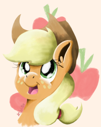 Size: 722x909 | Tagged: safe, artist:valemjj, imported from derpibooru, applejack, earth pony, pony, applejack's hat, bust, cowboy hat, cutie mark background, female, hat, mare, open mouth, smiling, solo