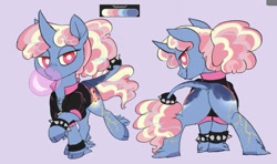 Size: 1081x639 | Tagged: safe, artist:veesocks, imported from derpibooru, oc, oc only, unnamed oc, classical unicorn, pony, unicorn, bracelet, bubblegum, butt, cloven hooves, food, gum, jewelry, leonine tail, letterman jacket, plot, punk, spread legs, spreading, turnaround, unshorn fetlocks, varsity jacket