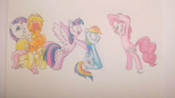 Size: 1024x576 | Tagged: safe, artist:artspirit00, imported from derpibooru, applejack, fluttershy, pinkie pie, rainbow dash, rarity, twilight sparkle, alicorn, clown mask, cutie mark, elements of harmony, mane six, nightmare night, scared, traditional art, twilight sparkle (alicorn)