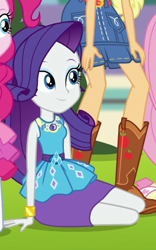 Size: 264x423 | Tagged: safe, imported from derpibooru, screencap, applejack, pinkie pie, rarity, equestria girls, equestria girls series, forgotten friendship, cropped, female, geode of shielding, magical geodes, offscreen character, rarity peplum dress, smiling