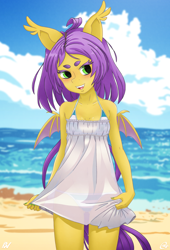 Size: 1000x1472 | Tagged: safe, artist:oatmeal, artist:pixel's workstation, imported from derpibooru, oc, oc only, oc:grape vine, anthro, bat pony, bat pony oc, beach, bikini, clothes, dress, female, solo, swimsuit