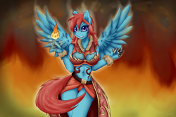 Size: 1630x1080 | Tagged: safe, artist:shamziwhite, imported from derpibooru, oc, oc only, oc:wind raider, anthro, pegasus, anthro oc, breasts, claws, cleavage, clothes, female, fire, fireball, looking at you, mare, solo, spread wings, standing, wings, ych result