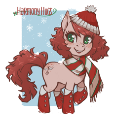 Size: 3026x3272 | Tagged: safe, artist:taytinabelle, imported from derpibooru, oc, oc only, oc:harmony hugs, earth pony, pony, blushing, boots, christmas, clothes, cute, female, freckles, green eyes, hat, heart eyes, holiday, looking at you, mare, raised hoof, scarf, secret santa, shoes, snow, solo, wingding eyes