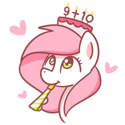 Size: 1280x1280 | Tagged: safe, artist:sugar morning, imported from derpibooru, oc, oc only, oc:sugar morning, pegasus, pony, 21, 9+10, birthday, cake, cute, female, food, happy, happy birthday, happy birthday me, hat, hbd, heart, looking up, mare, party whistle, simple background, sweet, white background