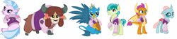 Size: 25184x5664 | Tagged: safe, artist:cloudy glow, artist:cloudyglow, imported from derpibooru, gallus, ocellus, sandbar, silverstream, smolder, yona, changedling, changeling, classical hippogriff, dragon, earth pony, griffon, hippogriff, pony, yak, season 8, absurd resolution, bow, clothes, cloven hooves, dragoness, female, football, hair bow, jacket, letterman jacket, male, monkey swings, raised hoof, simple background, sports, student six, teenager, varsity jacket, white background