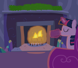 Size: 4000x3500 | Tagged: safe, artist:devfield, imported from derpibooru, twilight sparkle, pony, chocolate, couch, crystal, cup, drink, female, fire, fireplace, food, glow, glowing, glowing horn, hot chocolate, levitation, log, magic, redo, shading, solo, telekinesis, text, twilight's castle