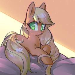 Size: 1402x1402 | Tagged: safe, artist:mirroredsea, imported from derpibooru, applejack, earth pony, pony, cute, female, freckles, jackabetes, laying on bed, long mane, looking back, lying on bed, mare, missing accessory, solo