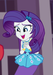 Size: 630x892 | Tagged: safe, imported from derpibooru, screencap, rarity, equestria girls, equestria girls series, forgotten friendship, bracelet, clothes, cropped, cute, female, jewelry, open mouth, pencil skirt, raribetes, rarity peplum dress, skirt, smiling, solo