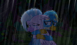 Size: 5915x3503 | Tagged: safe, artist:ejlightning007arts, imported from derpibooru, gallus, silverstream, griffon, hippogriff, crying, everfree forest, fanfic in the description, female, gallstream, hug, male, rain, sad, shipping, story included, straight