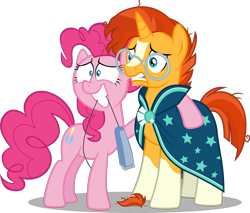 Size: 2616x2224 | Tagged: safe, artist:chrzanek97, artist:tardifice, edit, editor:slayerbvc, imported from derpibooru, vector edit, pinkie pie, sunburst, earth pony, pony, unicorn, arm around neck, beard, clothes, coat markings, electric razor, facial hair, female, glasses, grin, hoof around neck, male, mare, mouth hold, nervous, razor, robe, shaved, sheepish grin, simple background, smiling, socks (coat marking), socks (coat markings), stallion, stubble, sunburst's cloak, sunburst's robe, transparent background, vector