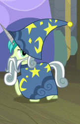 Size: 269x416 | Tagged: safe, imported from derpibooru, screencap, sandbar, earth pony, pony, horse play, clothes, cropped, fake beard, fake horn, hat, male, robe, solo, star swirl the bearded costume, wizard hat