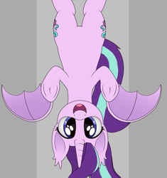 Size: 1153x1226 | Tagged: safe, artist:noosa, imported from derpibooru, starlight glimmer, alicorn, bat pony, bat pony alicorn, pony, alicornified, bat ponified, boo, both cutie marks, cute, fangs, female, glimbat, glimmerbetes, looking at you, mare, open mouth, race swap, simple background, smiling, solo, starlicorn, underhoof, upside down, xk-class end-of-the-world scenario