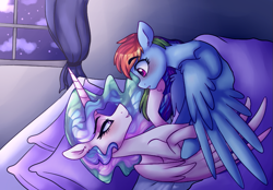 Size: 829x578 | Tagged: safe, artist:saphi-boo, imported from derpibooru, princess celestia, rainbow dash, alicorn, pegasus, pony, bed, bedsheets, blushing, dashlestia, eye contact, female, lesbian, looking at each other, mare, shipping, smiling