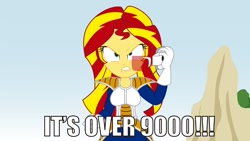 Size: 1280x720 | Tagged: safe, artist:conikiblasu-fan, imported from derpibooru, sunset shimmer, equestria girls, angry, dragon ball, dragon ball z, female, image macro, looking at you, meme, over 9000, scouter, solo, text