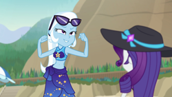 Size: 1920x1080 | Tagged: safe, imported from derpibooru, screencap, rarity, trixie, equestria girls, equestria girls series, forgotten friendship, beach, beach babe, belly button, bikini, bikini babe, bikini top, clothes, flexing, geode of empathy, geode of fauna, geode of shielding, geode of sugar bombs, geode of super speed, geode of super strength, geode of telekinesis, great and powerful, hat, magical geodes, midriff, sarong, sun hat, sunglasses, swimsuit